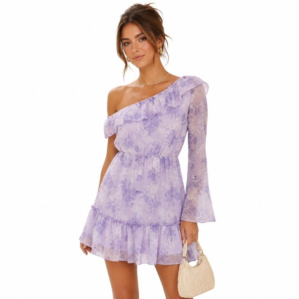 Peach Love One Shoulder Floral Ruffle Mini Dress Lavender Feminine Brunch Size M
